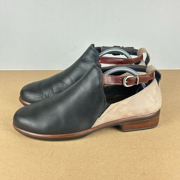 Naot Kasmin Leather Ankle Bootie Womens 8/8.5 EU 39 Black Tan Suede Cutout - Picture 1 of 11